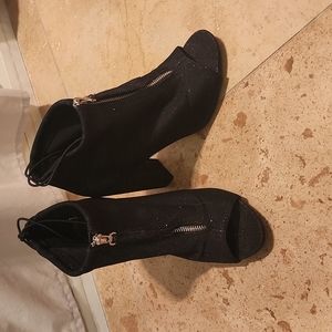 Black sparkly open toe high heel boots with zipper front